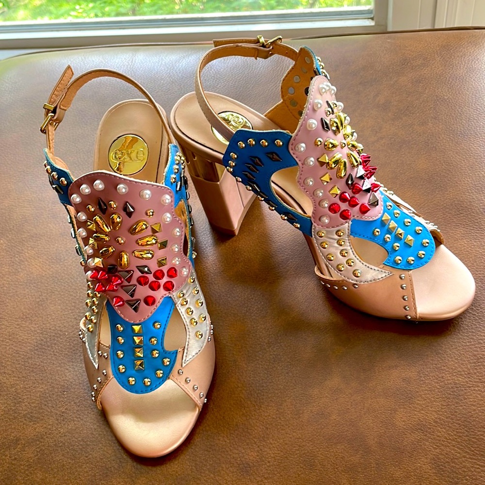 NIB Exe' "Nikita-240 Nude Aqua Gold Brazilian Leather Sz 7